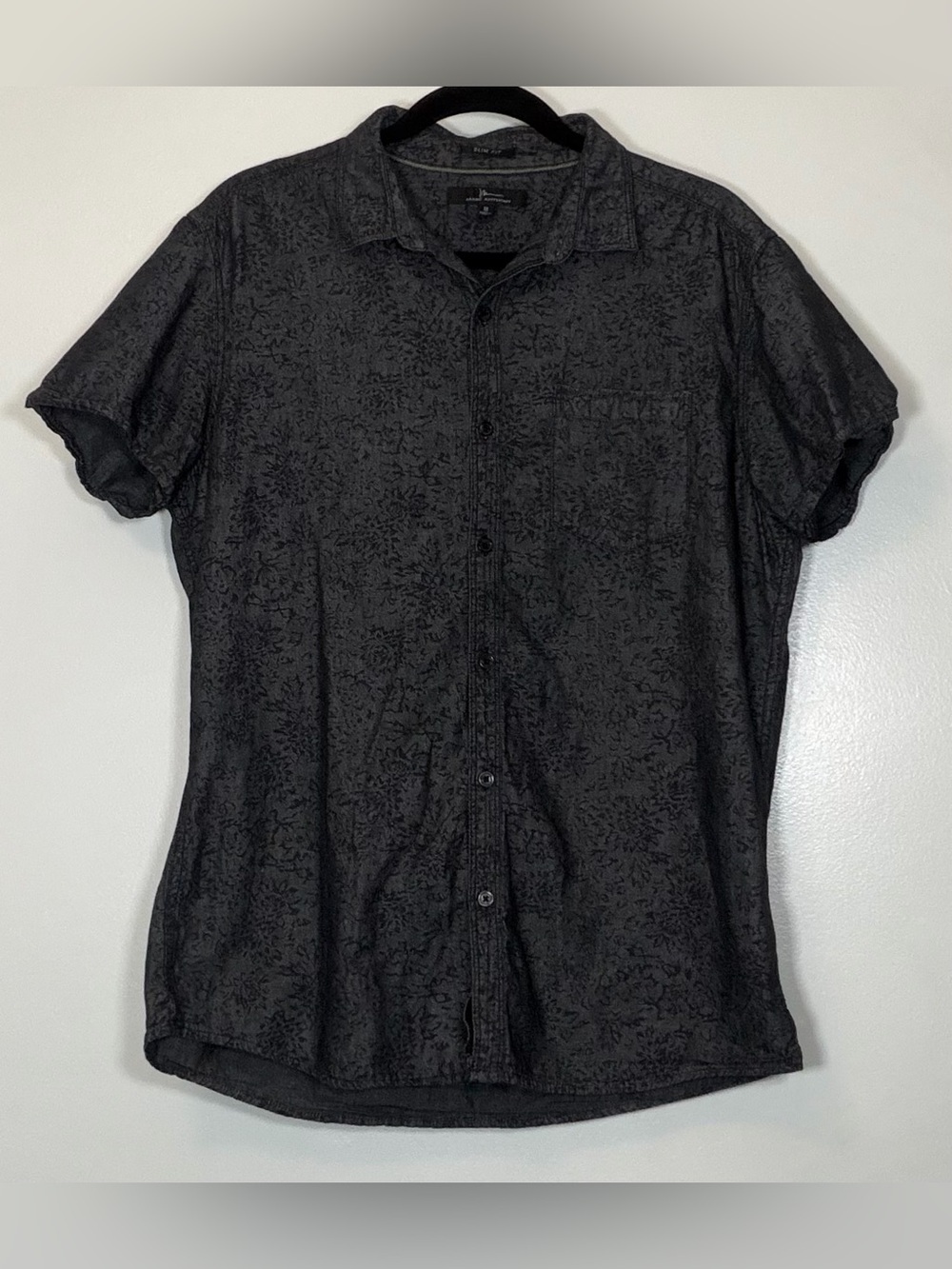 Marc Anthony Black Short-Sleeve Button-Down Shirt with Subtle Floral Texture